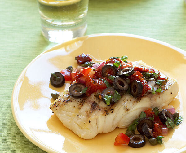 Grilled Sea Bass with Ripe Olive and Caper Salsa