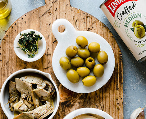 Marinated Grilled Artichokes and Olives with Burrata