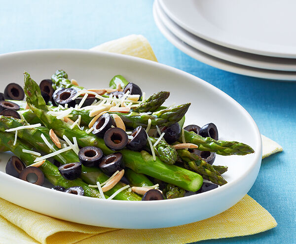 Pan Roasted Asparagus with Olives, Almonds and Parmesan