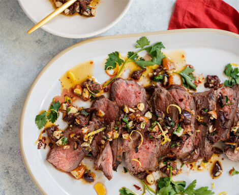 Grilled Steak with Olive-Almond Gremolata