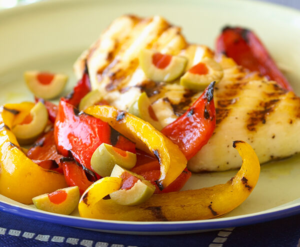 Tuscan Halibut with Grilled Peppers and Olives