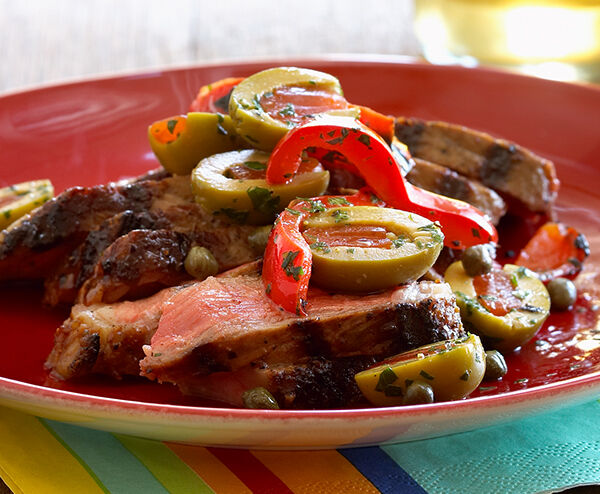 Tuscan-Style Porterhouse Steak with Capers, Olives, and Red Bell Peppers