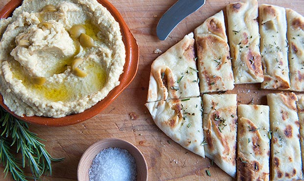 Green Olive Hummus with Rosemary Naan