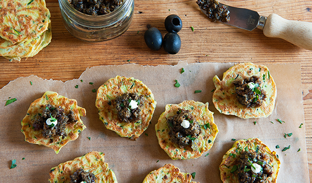 Zucchini Fritters with Olive-Fig Tapenade