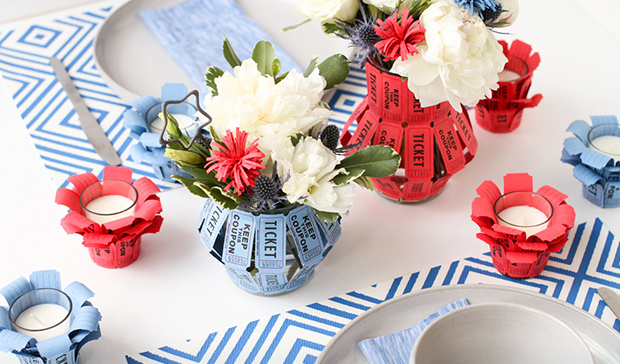DIY Ticket-Wrapped Vase and Votives