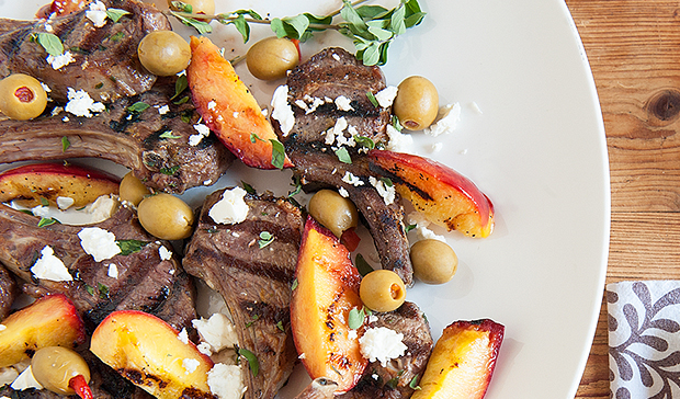 Grilled Lamb Chops with Spanish Manzanilla Olives, Feta & Grilled Nectarines